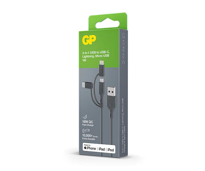GP 1 metre 3-in-1 USB-A to Lightning, USB-C & Micro-USB Charge & Sync Cable CY1N - Image 3